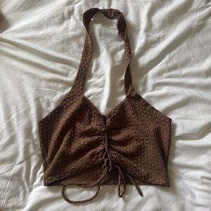 Cider Cut-Out Halter Tank Top with Corset Front + Cross Neck Tie in Brown | S